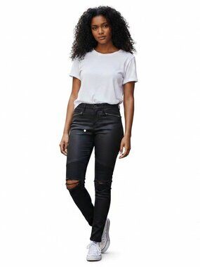 Cult of Individuality Jeans Women Size 31 34X29 Black Skinny Waxed Coated Moto